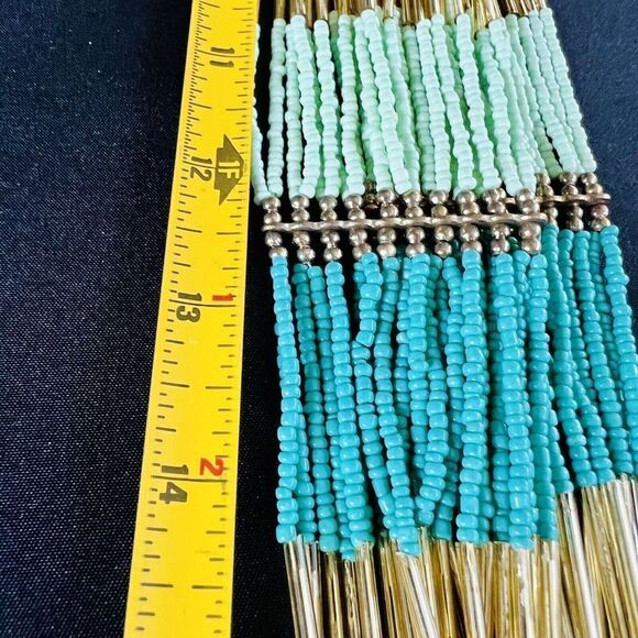 Stunning Waterfall Turqoise Green Gold Multi Strand Seed Bead Statement Necklace - Picture 13 of 15